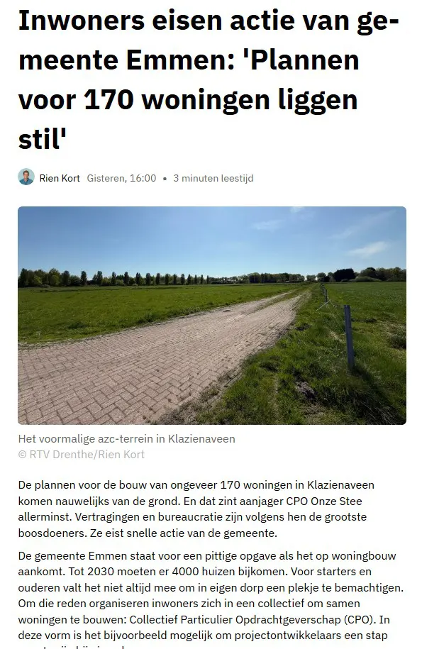 Inwoners eisen actie van gemeente Emmen Plannen voor 170 woningen liggen stil